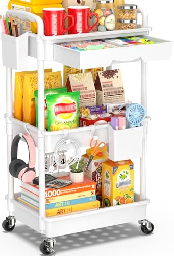 Classic SUNALLY 3 Tier Rolling Cart with Drawer, Bathroom Storage for Daily Use